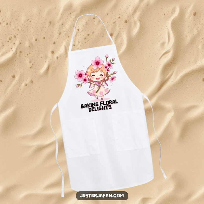 Funny Character Apron: A joyful character holding cherry blossoms while wearing an apron, ideal for spring cooking.