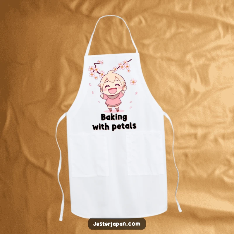 Funny apron showing a character grinning widely while trying to catch falling cherry blossoms, perfect for adding spring cheer to cooking.
