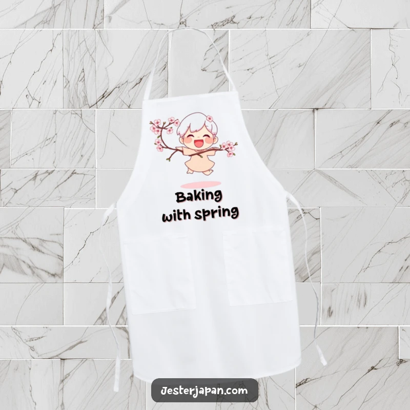 Funny Apron: Joyful character doing a playful hop while holding a blooming cherry branch, perfect for a cheerful cooking experience.