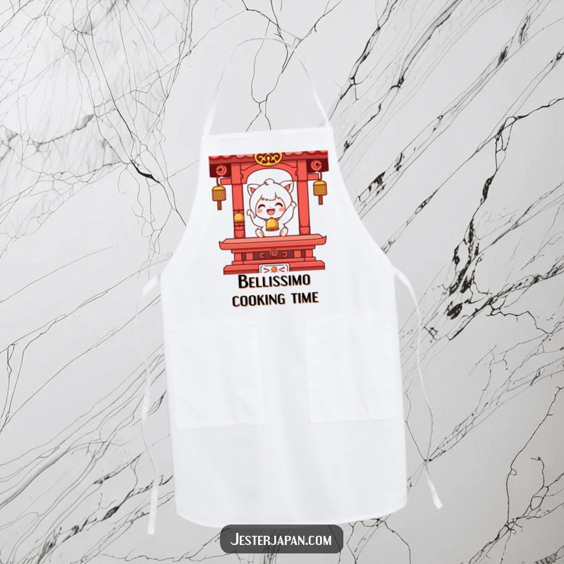Funny apron showing a character happily ringing a small temple bell, adding a playful and serene element to kitchen activities.