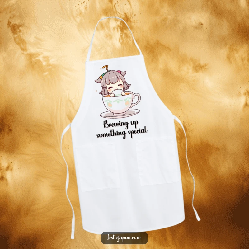 Funny apron print of a lively character enthusiastically sipping tea, designed for chefs and home cooks who enjoy a humorous kitchen.