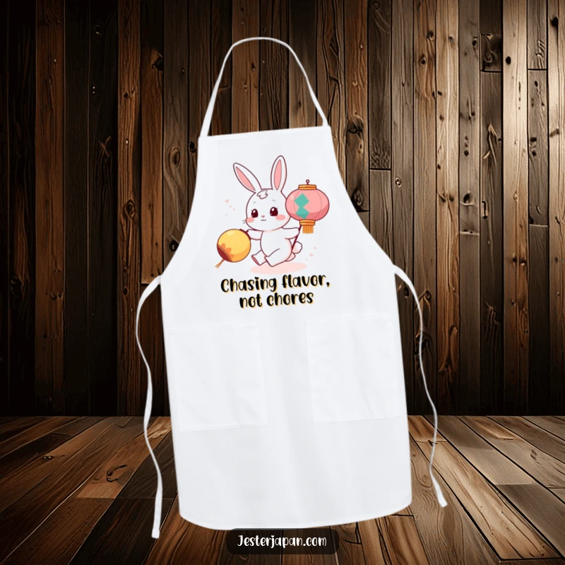 Funny apron with a cute bunny character hilariously chasing a rolling festival lantern, perfect for a joyful and whimsical cooking experience.