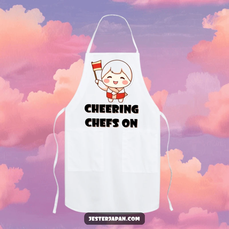 Funny apron showcasing a smiling Kokeshi doll character waving a flag, perfect for cooking or crafting while bringing cheer and good spirits.