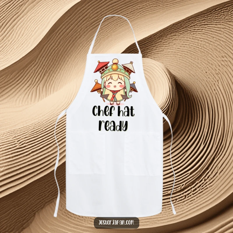 Funny apron showing a Kawaii character trying on traditional hats while cooking, perfect for stylish chefs.