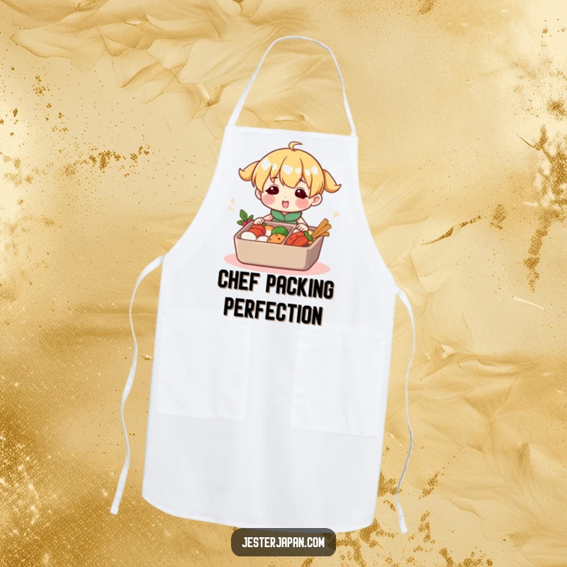 Funny apron showing a character happily packing a colorful bento box. A humorous kitchen accessory for meticulous and joyful meal preppers.