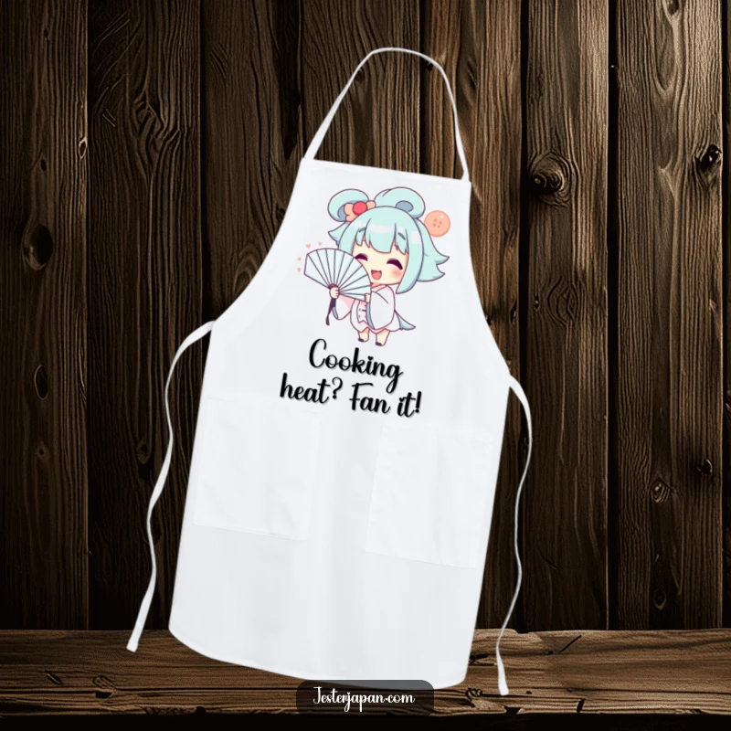 Funny Apron: Smiling character dramatically fanning themselves with a large fan, perfect for a humorous cooking experience.