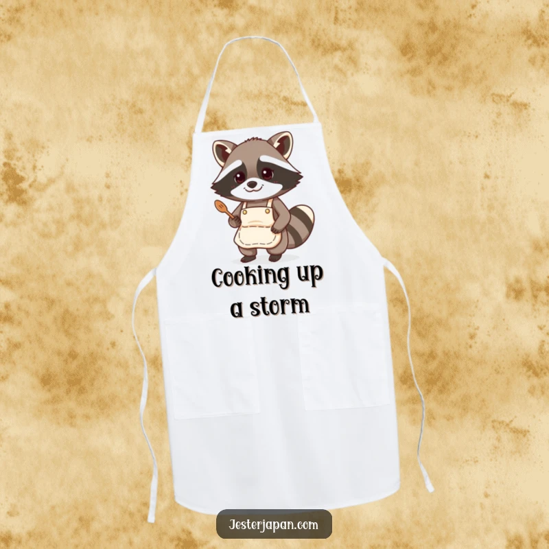 Funny apron featuring a raccoon chef in a tiny apron, ready for kitchen duty, adding humor to cooking.