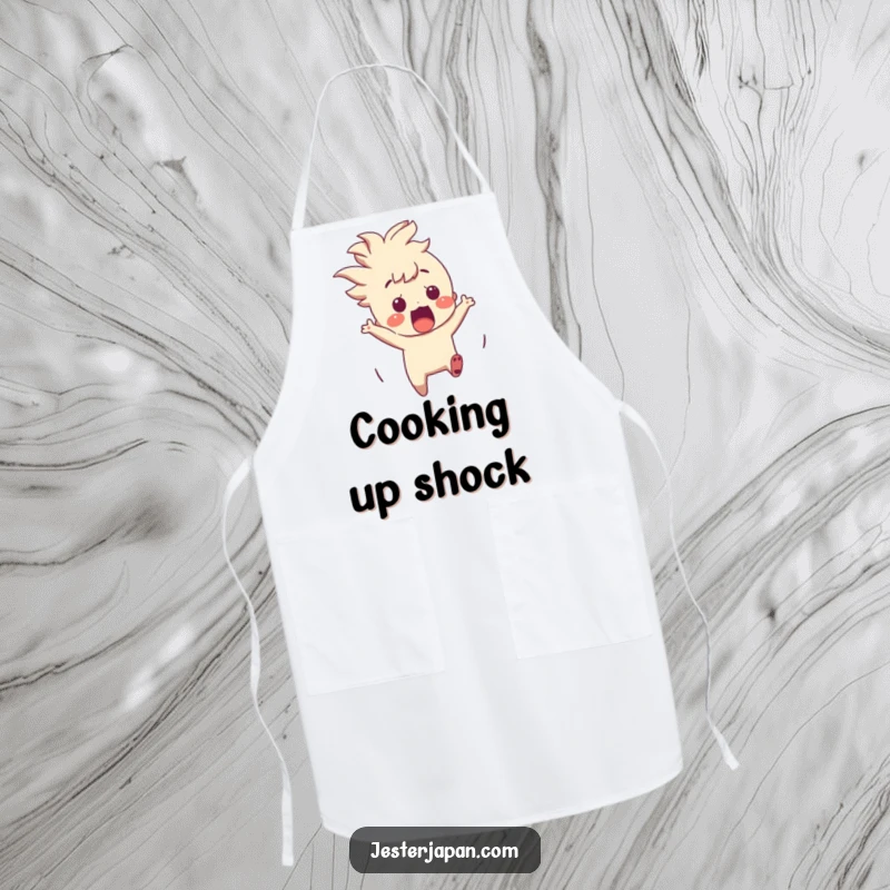 Funny Character Apron: A startled character wearing an apron, surprised by an origami crane, for fun cooking.