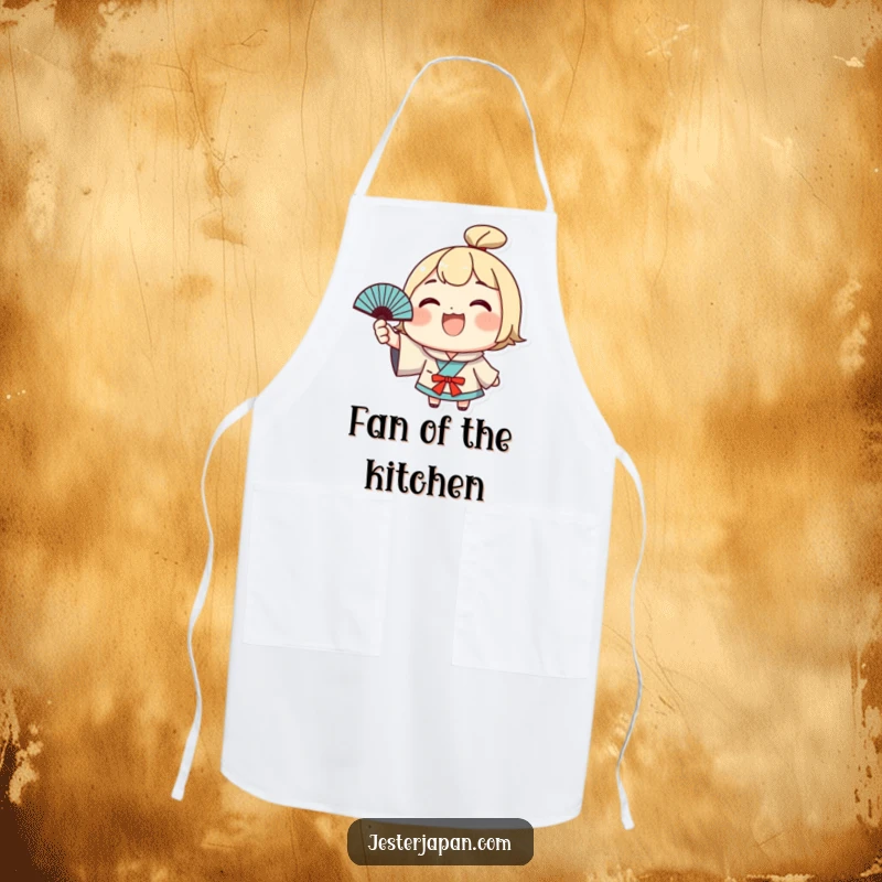 Funny Kawaii Apron: Grinning character waving a Japanese fan, ideal for a cheerful cook. Humorous funny gift.