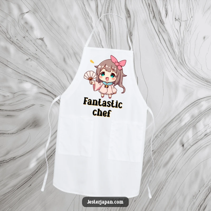 Funny apron showing a character happily fanning with a small hand fan, adding a cheerful and cool element to cooking activities.