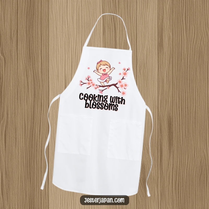 Funny apron showing a cute character leaping over a stylized cherry blossom branch. A humorous kitchen accessory for spring enthusiasts.
