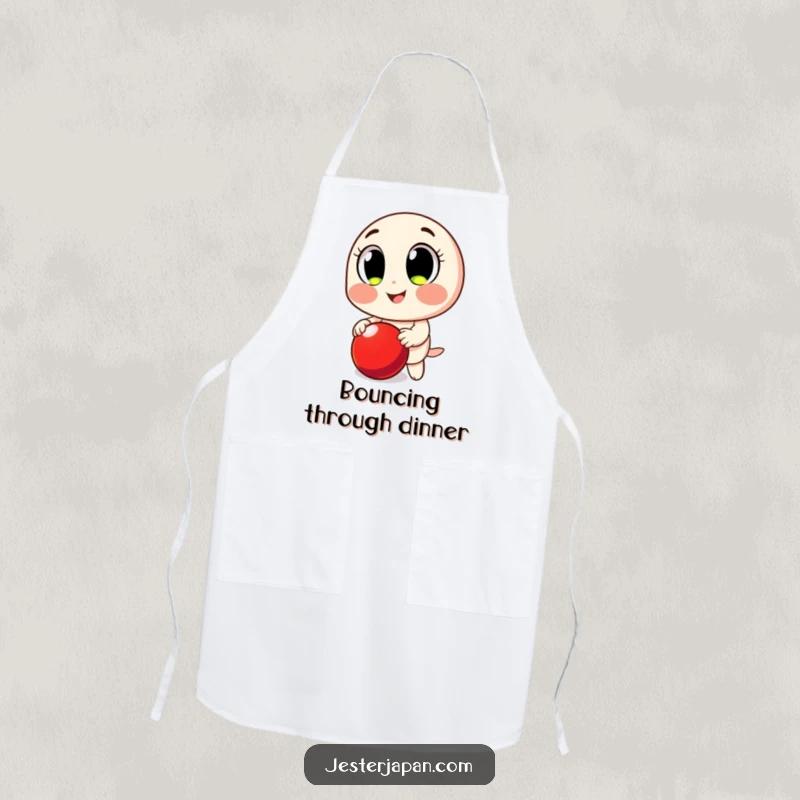 Funny Apron: Smiling character with big eyes, happily bouncing a red ball, ready to cook.