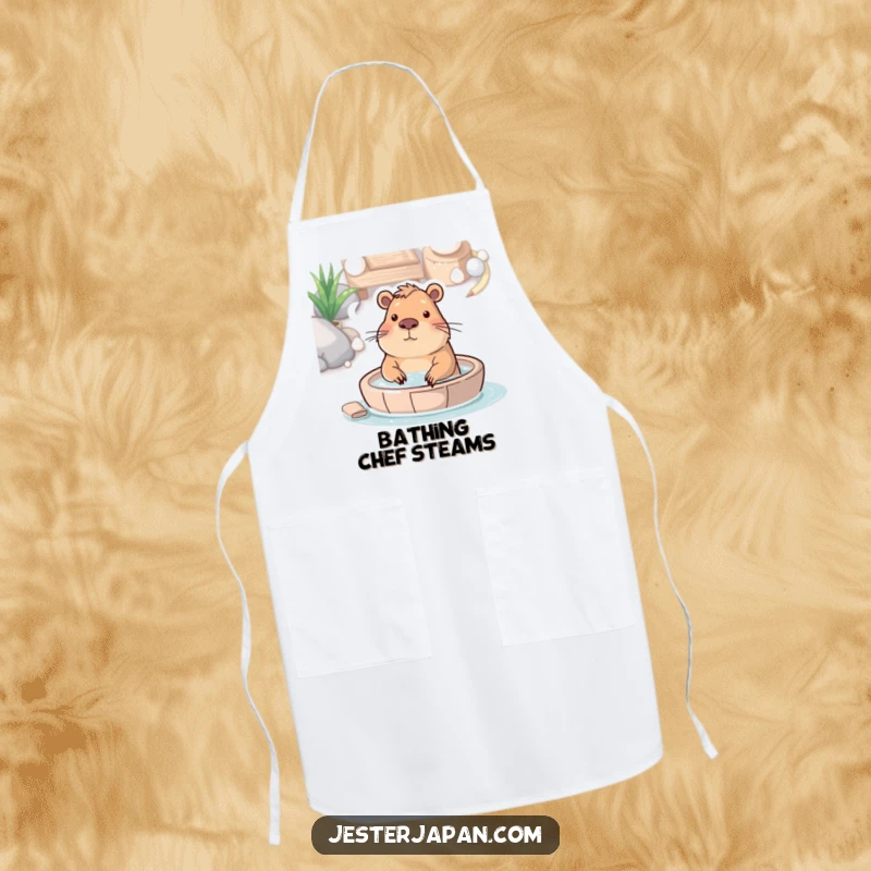 Funny apron showing a capybara enjoying a hot spring bath, perfect for relaxed cooking and kitchen serenity.