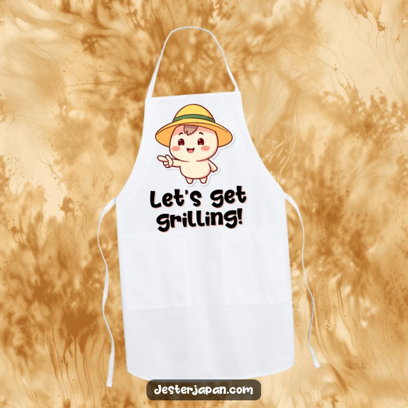 Funny apron with a cheerful character in a sun hat pointing forward, perfect for playful cooking adventures.