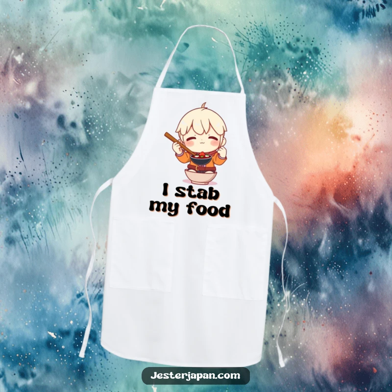 Funny apron displaying a character comically failing to use oversized chopsticks while cooking, perfect for chefs.