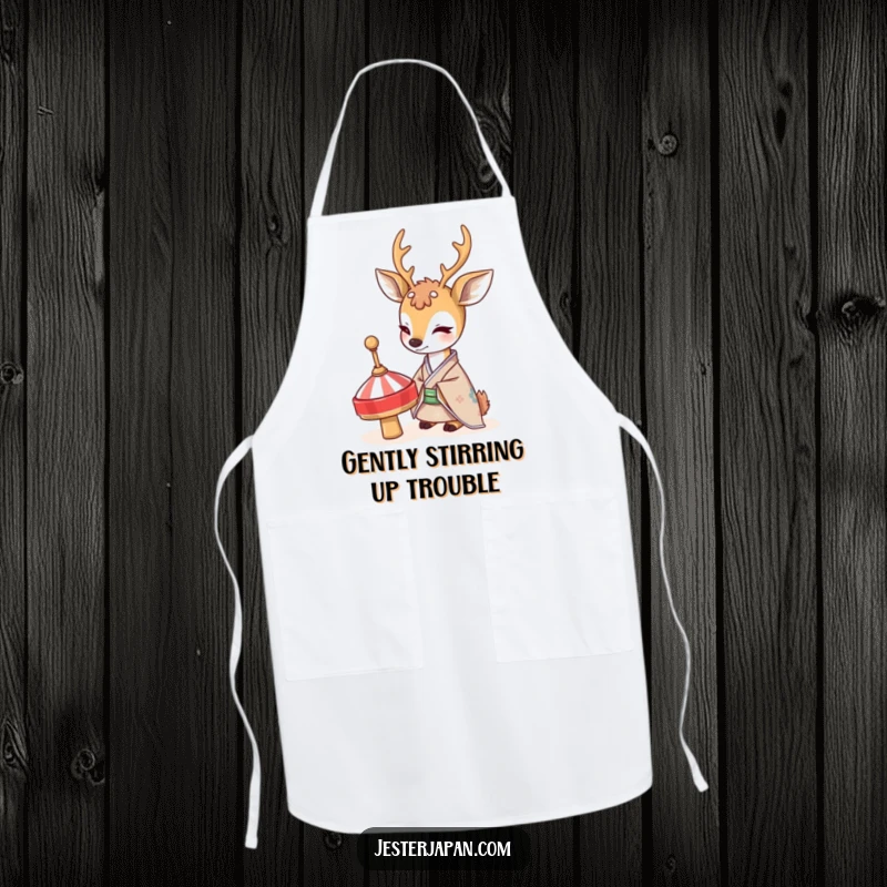 Funny Deer Kimono Apron: A shy deer in a traditional kimono curiously watches a spinning top while in the kitchen, adding humor.