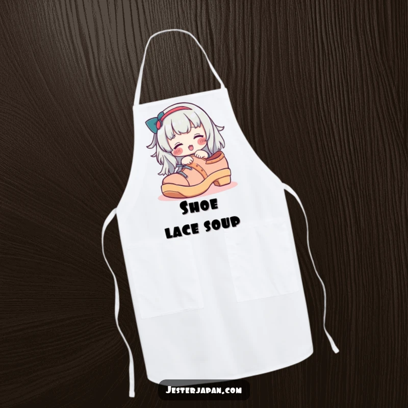 Funny apron showing a character with rosy cheeks trying on an oversized geta shoe, ideal for kitchen fun.