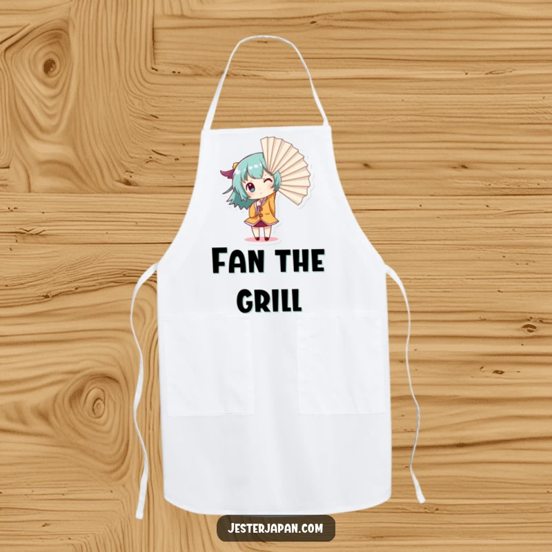 Funny Giant Fan Apron: Small character dramatically creating wind with a giant fan, adding theatrical charm and protection to kitchen duties.