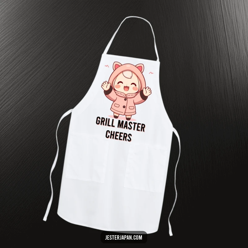 Funny Happi Coat Apron: Cute character in a happi coat, enthusiastically cheering with both hands, adding fun and protection to kitchen duties.
