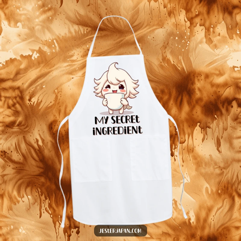 Funny apron with a character holding a steaming cup and wearing a huge smile, perfect for cozy kitchen moments.
