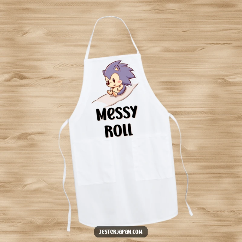 Funny hedgehog joyfully rolling downhill wearing a kitchen apron, adding a playful touch to cooking and baking.