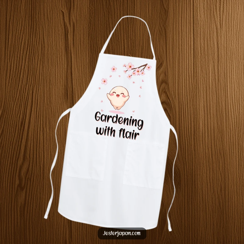 Funny Kawaii apron with a small, round character joyfully catching falling cherry blossoms, adding a touch of spring-themed humor to kitchen tasks.