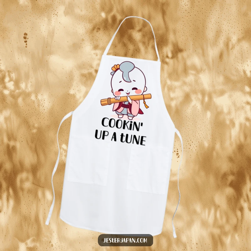Funny Kawaii apron showing a happy character playing a Japanese flute, ready to bring music to the kitchen.