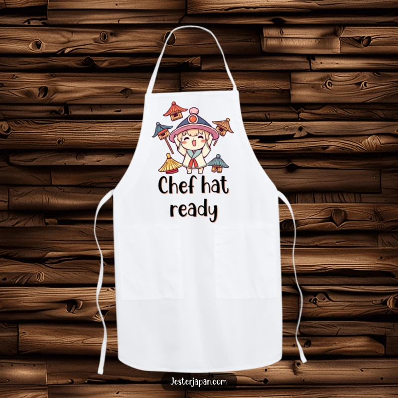 Funny Kawaii apron showing a character joyfully trying on different traditional hats, ready for culinary adventures.