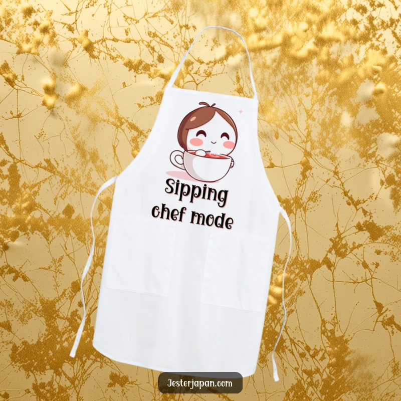 Funny apron showing a Kawaii character happily sipping a hot drink while in the kitchen, perfect for cooks.
