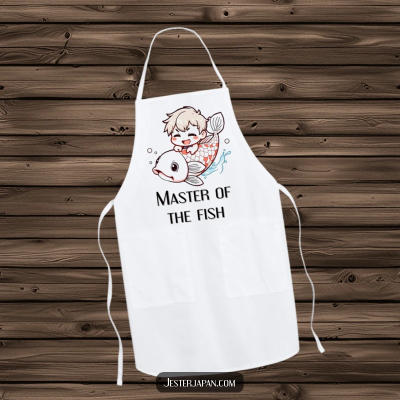 Funny Apron: Kawaii character with a mischievous grin riding a giant koi fish, perfect for a fun cooking experience.