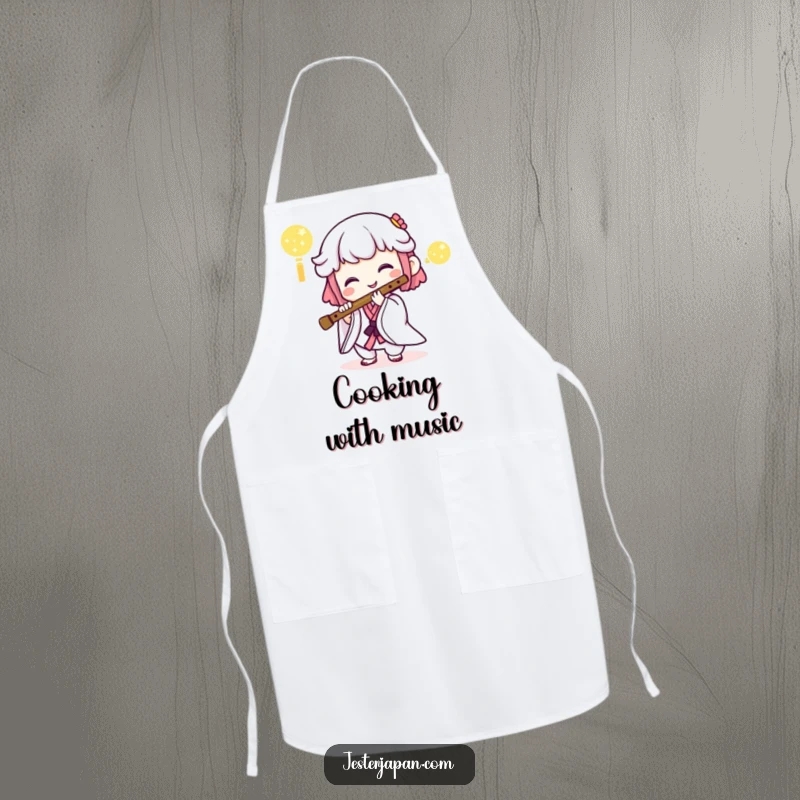 Funny apron showing a Kawaii character playing a Japanese flute while cooking, perfect for musical chefs.