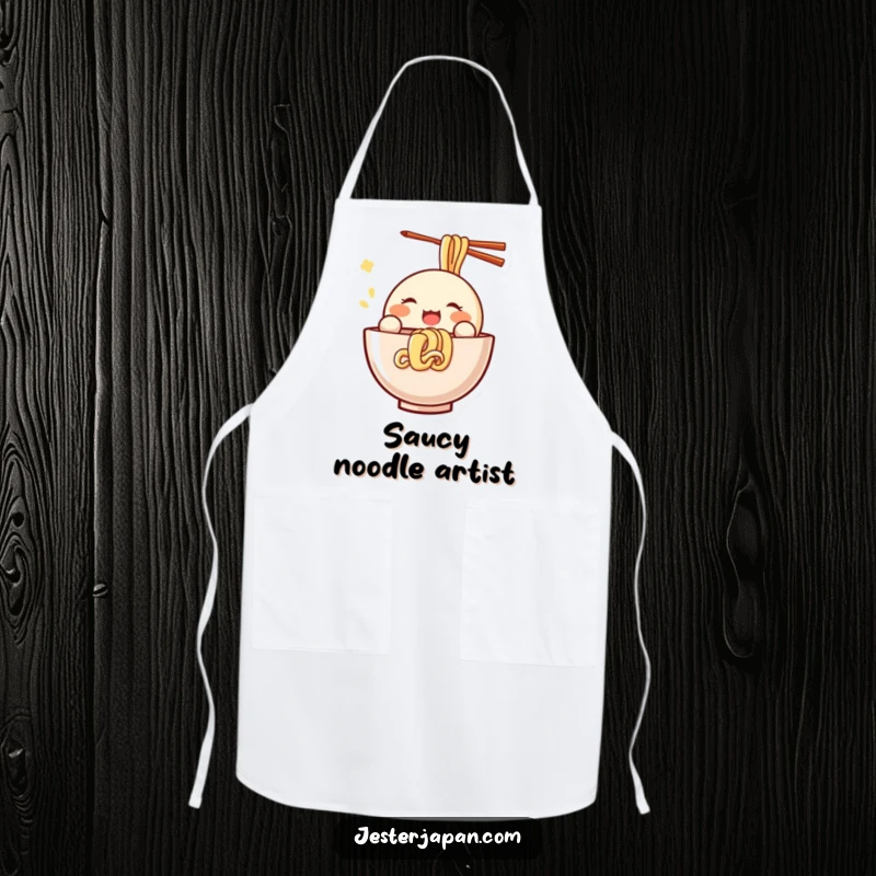 Funny Kawaii apron with a small, round character joyfully slurping noodles, perfect for adding humor and zest to cooking and baking.
