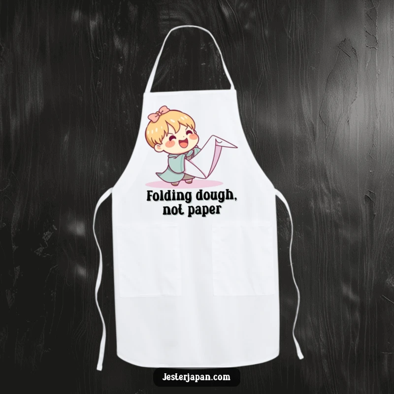 Funny Kawaii apron with a character joyfully struggling with a huge origami crane, perfect for kitchen or craft room fun and a humorous touch.