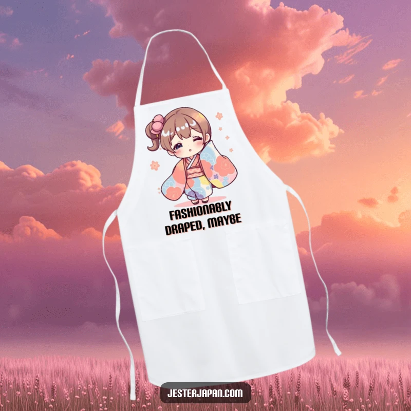 Funny apron featuring a character humorously wearing a giant, flowing kimono while cooking, blending culinary tasks with comedic fashion.