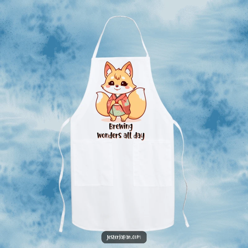 Funny Kitsune Kimono Apron showing a happy nine-tailed fox wearing a kimono, ready to cook up a storm with a smile.