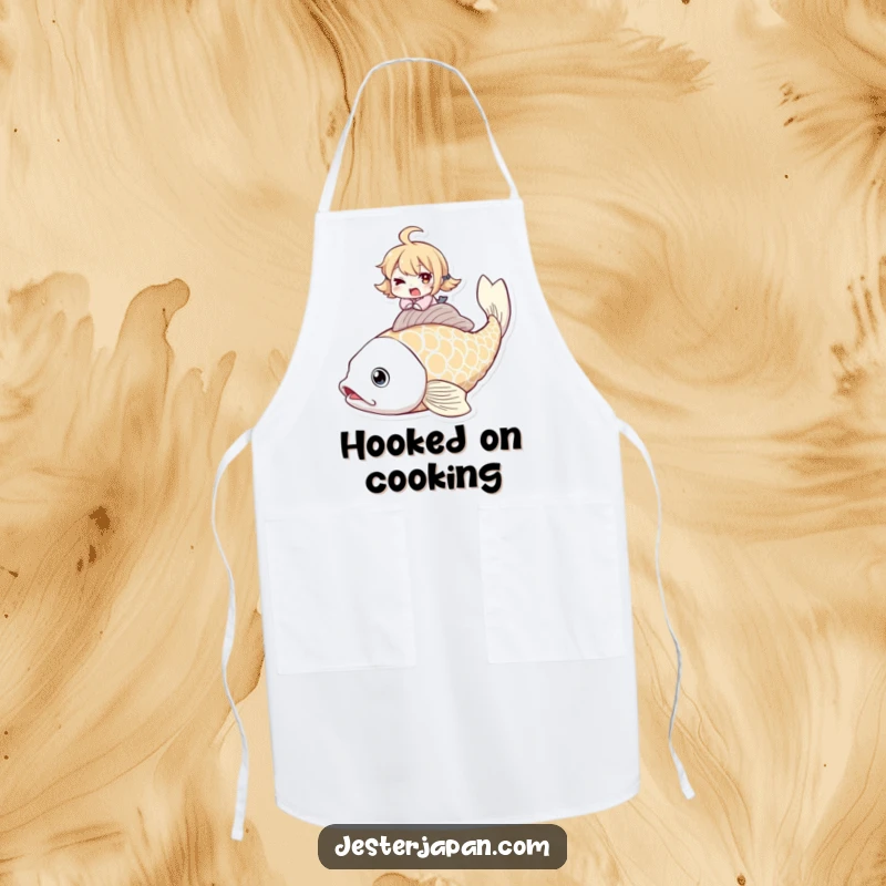 Funny apron featuring a character winking mischievously while riding a giant koi fish, perfect for a humorous kitchen.