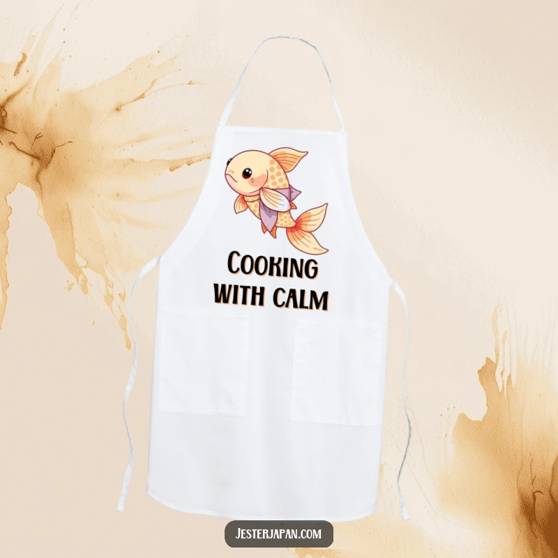 Funny Koi Kimono Apron showing a serene koi fish wearing a flowing kimono, ready to bring elegance to the kitchen.