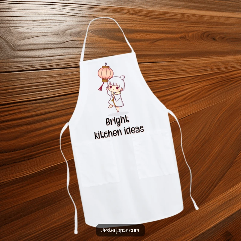 Funny apron depicting a character playfully balancing a small, stylized paper lantern, perfect for kitchen artistry.