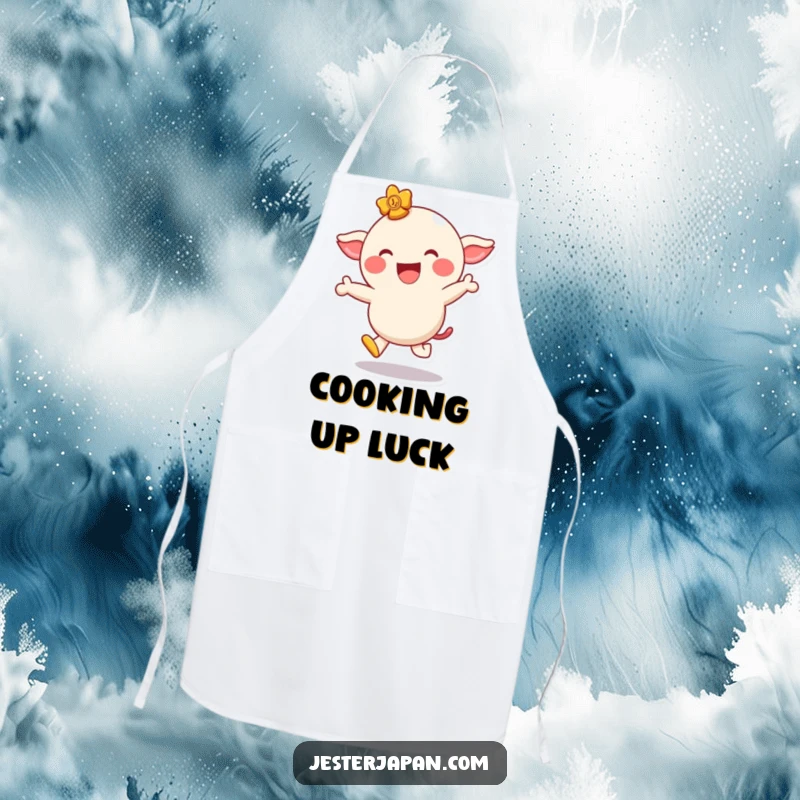 Funny apron depicting a giggling lucky charm character hopping playfully with a wide smile, perfect for kitchen fun.