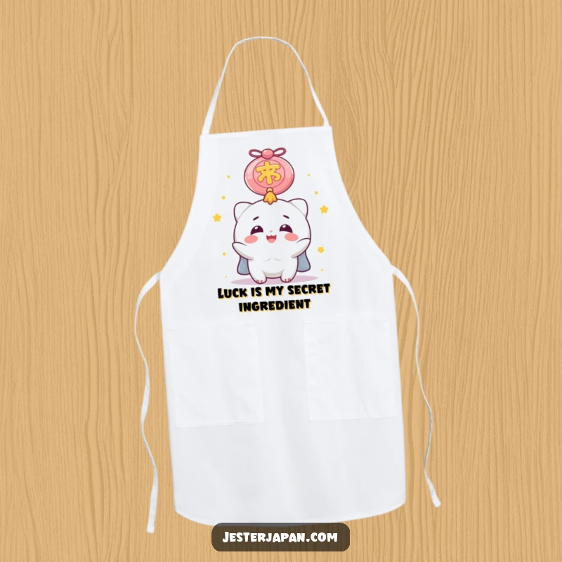 Funny Apron featuring a delighted character looking up at a huge lucky charm, perfect for cooks who want to add humor and good fortune to their kitchen.