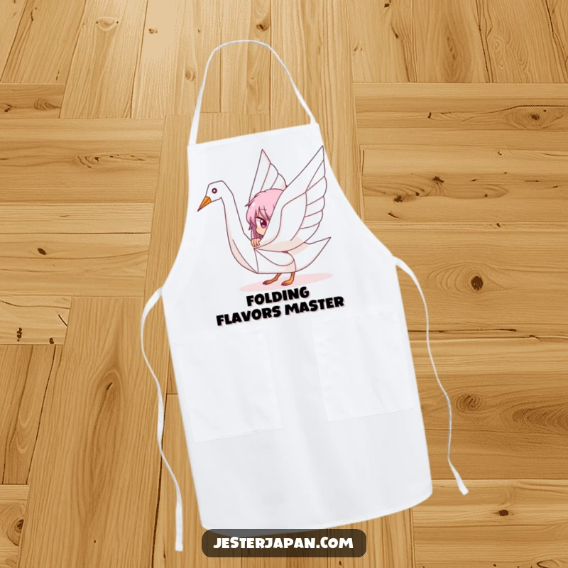 Funny apron showing a character playfully peeking from behind a large, stylized origami crane, perfect for adding artistic flair to cooking.