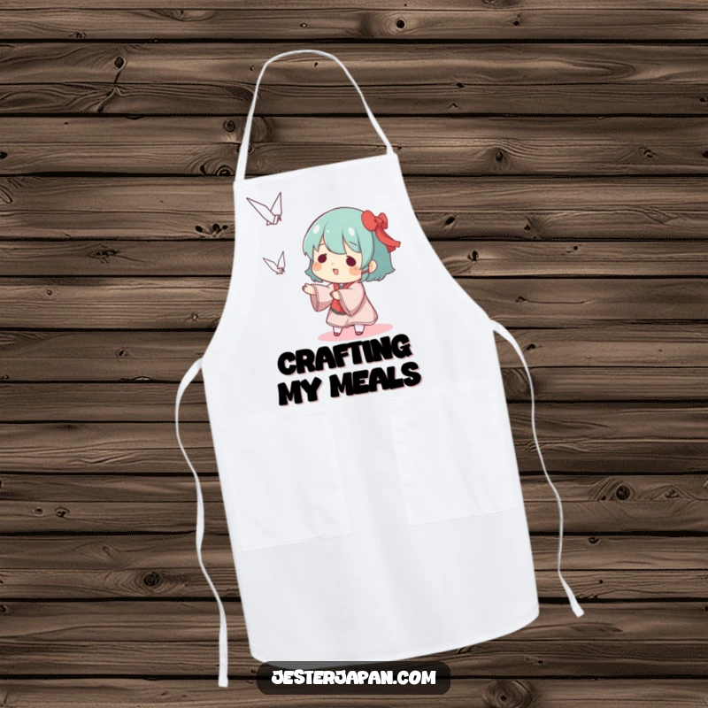 Funny apron with a character playfully tossing a small origami crane, perfect for adding a creative touch to your attire.