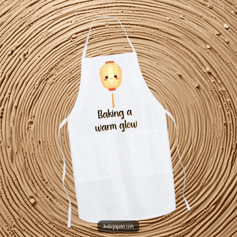 Funny apron depicting a cute paper lantern character floating serenely with a soft glow, perfect for serene cooking.