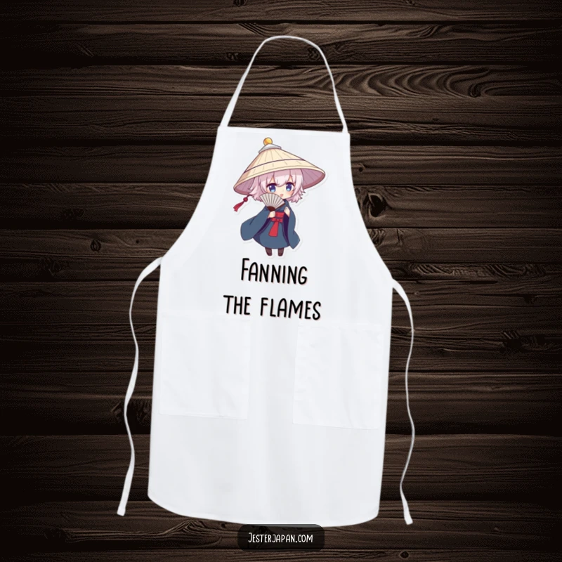 Funny apron depicting a character in a traditional hat, dramatically posing with a fan, ideal for kitchen flair.