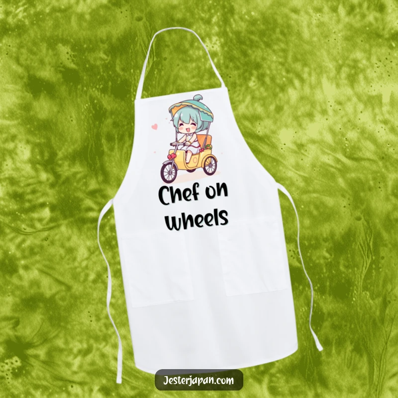Funny apron with a character joyfully riding a small, decorated rickshaw, perfect for adding a playful touch to cooking.