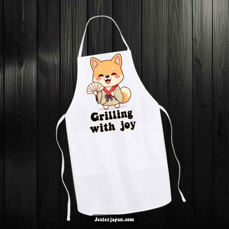 Funny apron with a cheerful Shiba dog in a colorful kimono happily waving a paper fan, a joyful kitchen accessory.