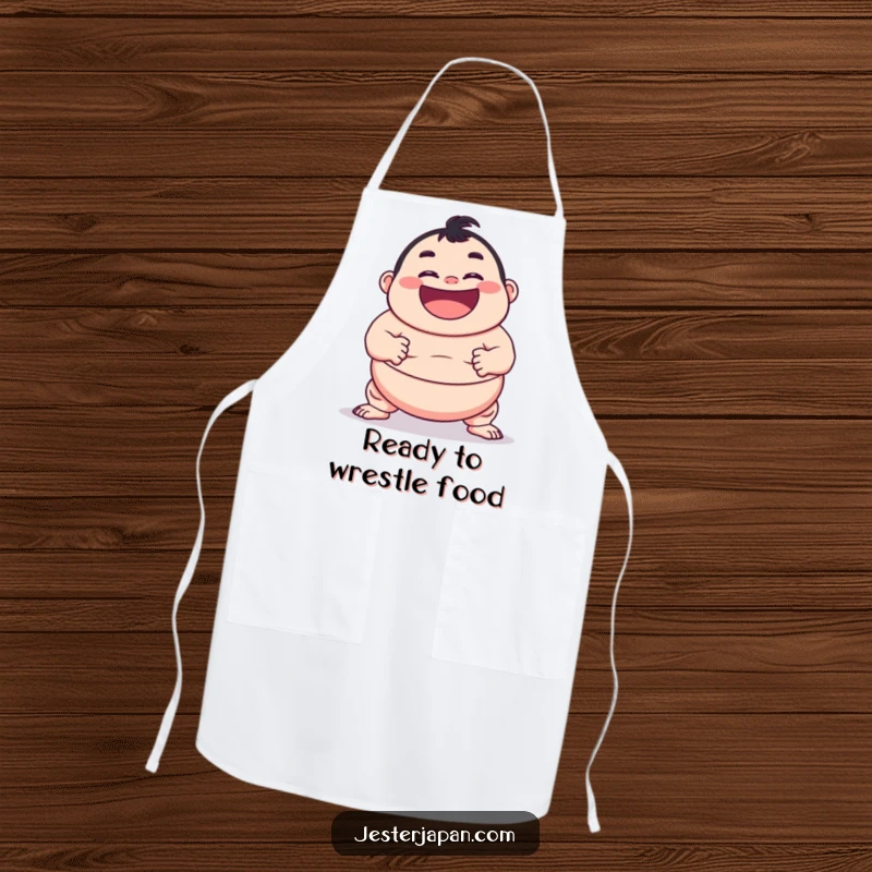 Funny apron with a character in a sumo stance, grinning widely, perfect for adding humor to cooking.