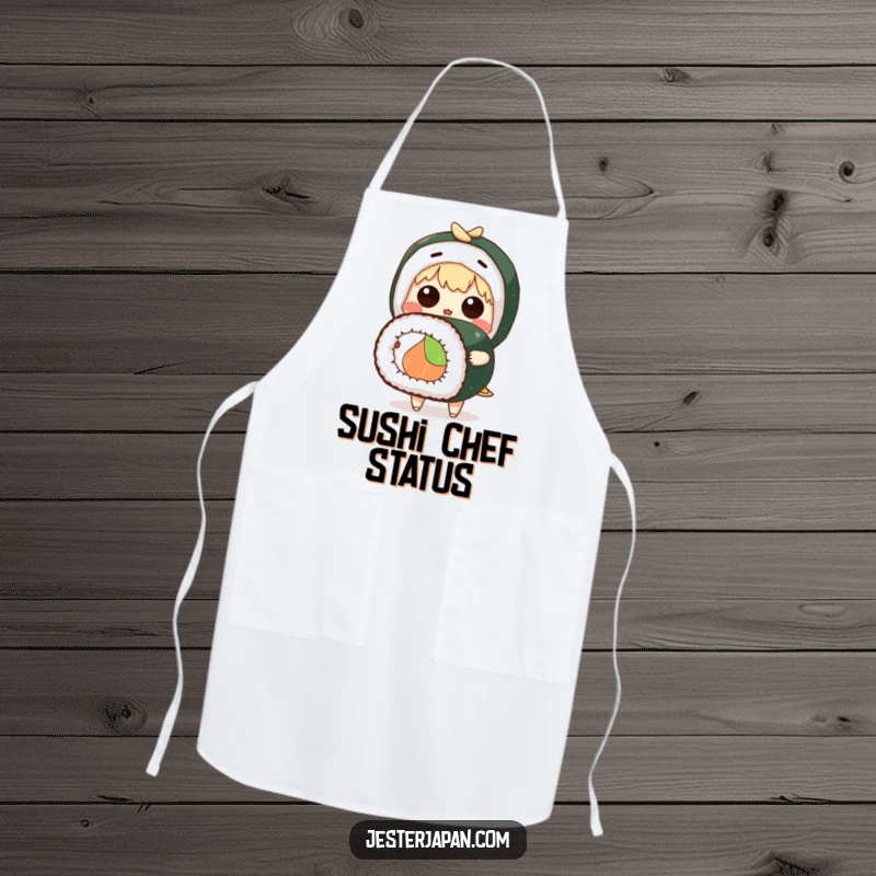 Funny apron showing a cute anime character in shock, holding a giant sushi roll, ideal for kitchen humor.