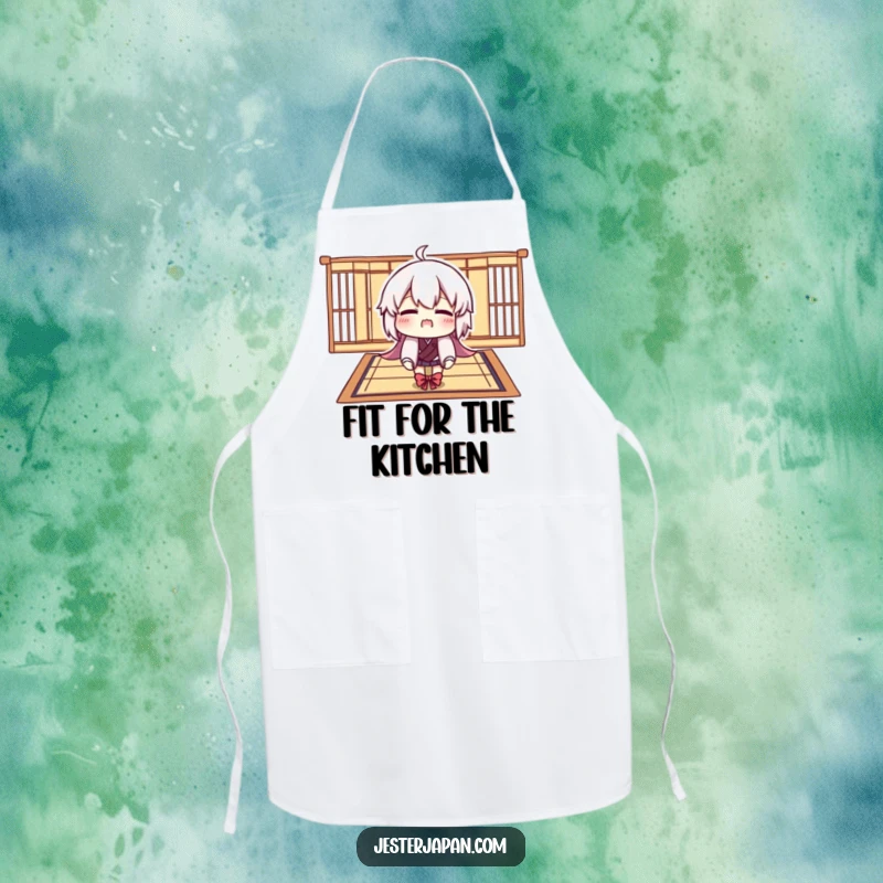 Funny apron depicting a character comically trying to fit onto a tiny Tatami mat, perfect for kitchen antics.