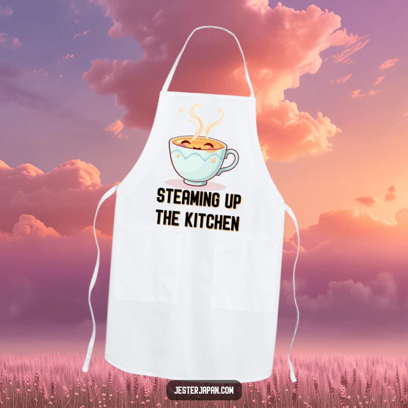 Funny apron with a cute tea cup character exhaling pretend steam with a happy sigh, ideal for kitchen activities.